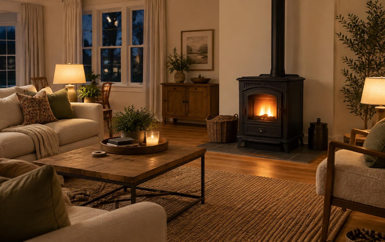 Living room heated by a pellet stove
